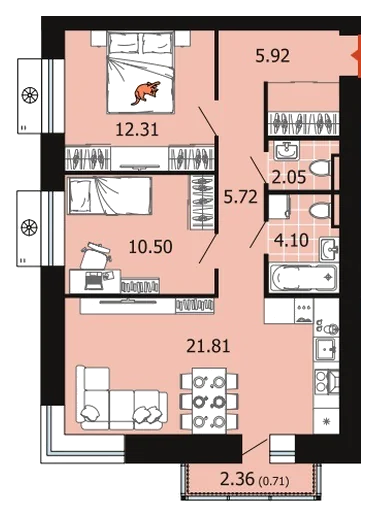Планировка: 2-комн., 63,1 м²