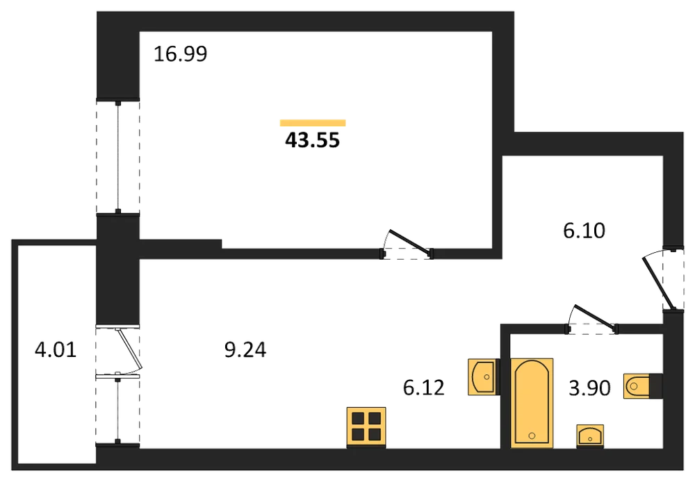 Планировка: 1-комн., 43,6 м²