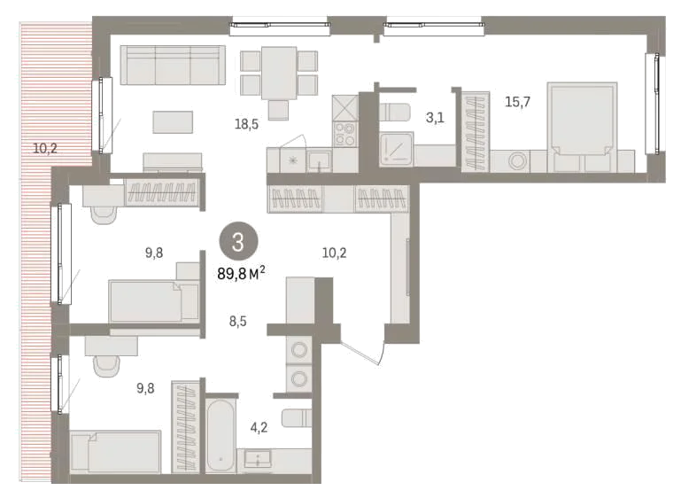 Планировка: 3-комн., 89,8 м²