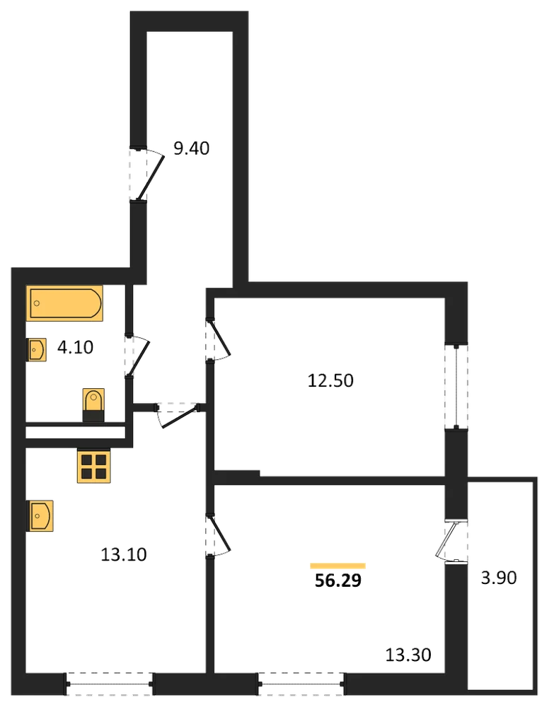 Планировка: 2-комн., 56,3 м²