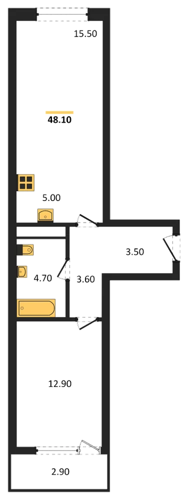 Планировка: 1-комн., 48,1 м²