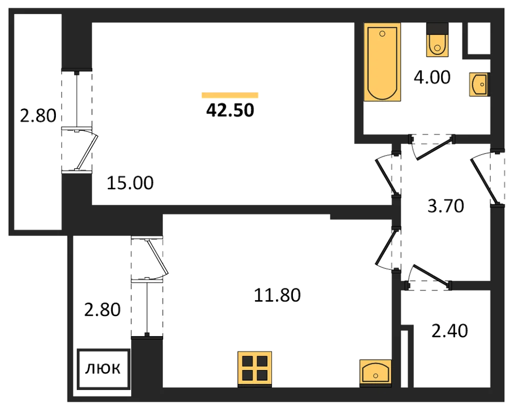Планировка: 1-комн., 42,5 м²
