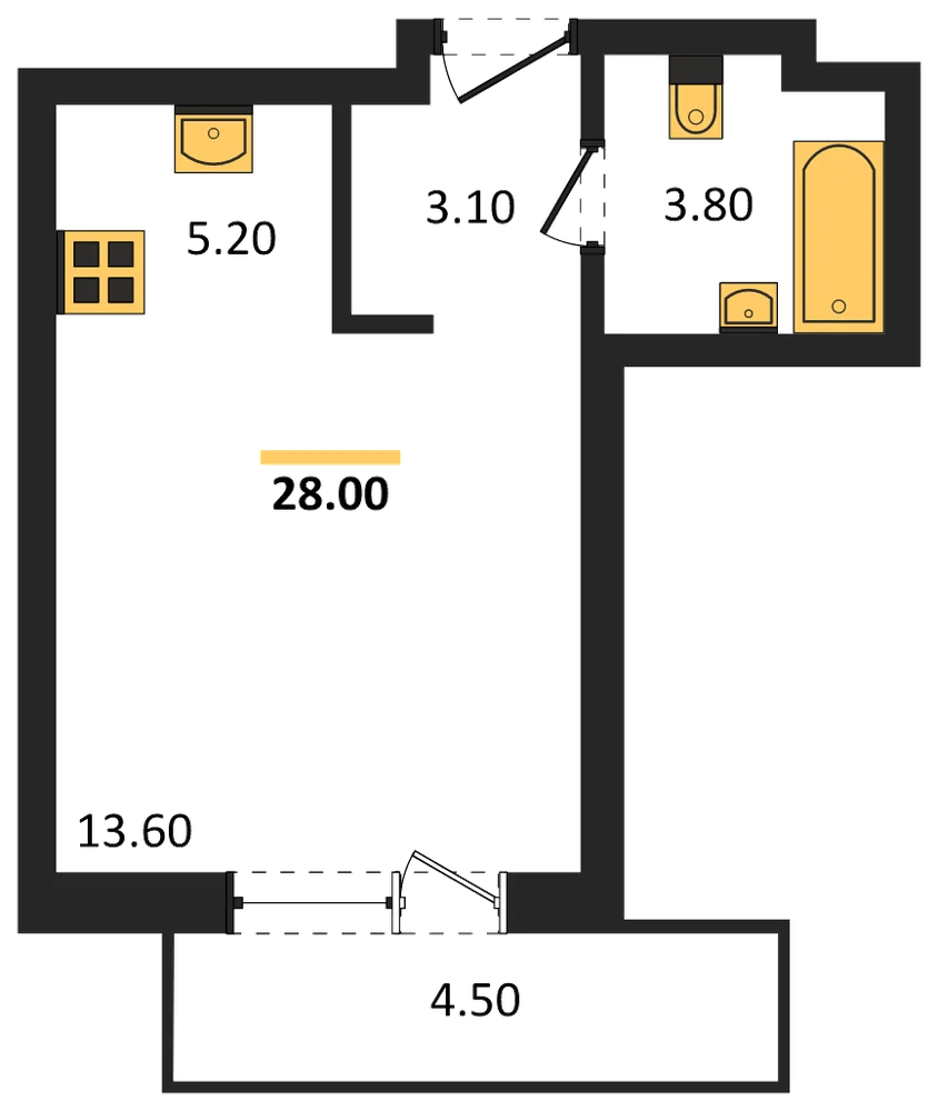 Планировка: Студия, 28 м²