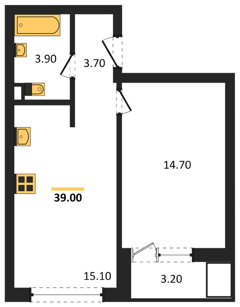Планировка: 1-комн., 39 м²