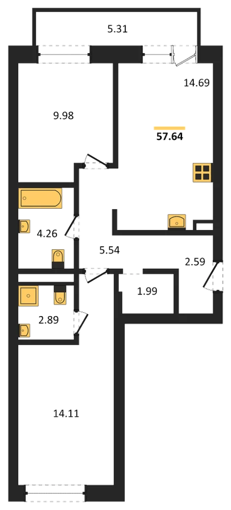 Планировка: 2-комн., 57,6 м²