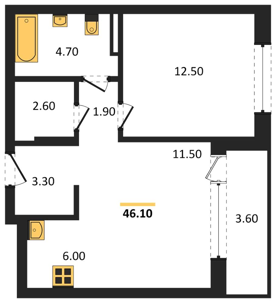 Планировка: 1-комн., 46,1 м²