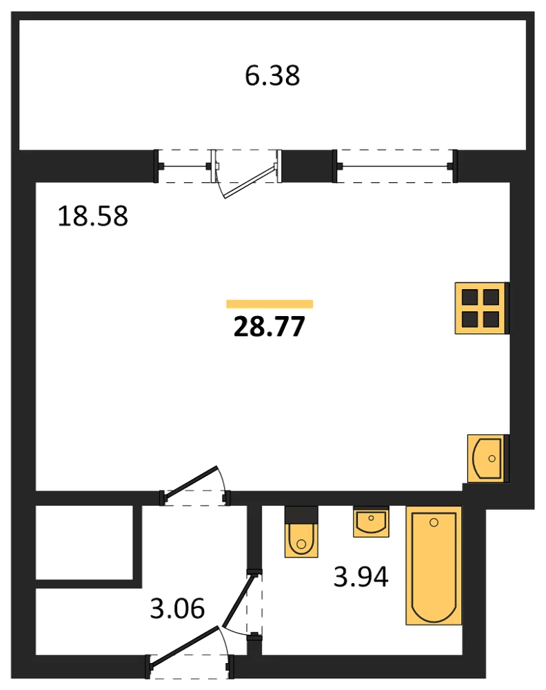 Планировка: Студия, 28,8 м²