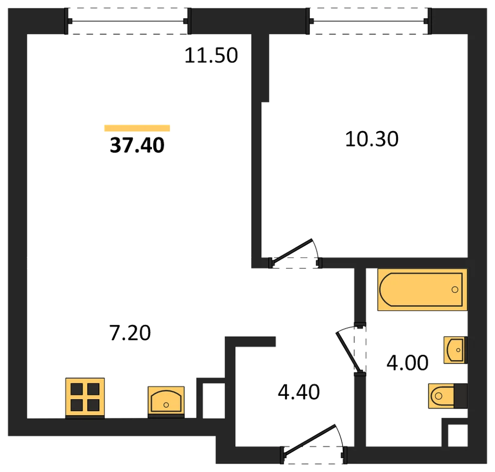 Планировка: 1-комн., 37,4 м²