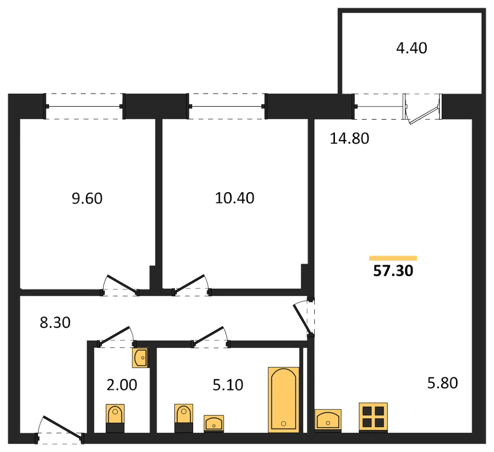 Планировка: 2-комн., 57,3 м²