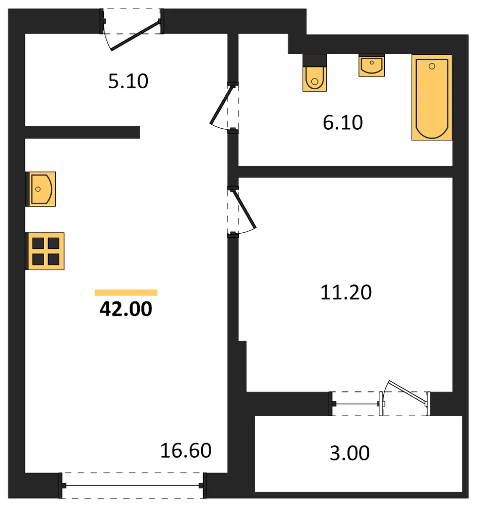 Планировка: 1-комн., 42 м²