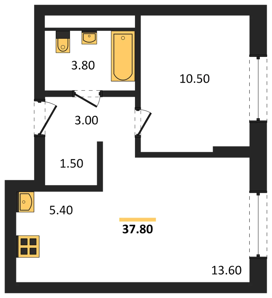 Планировка: 1-комн., 37,8 м²