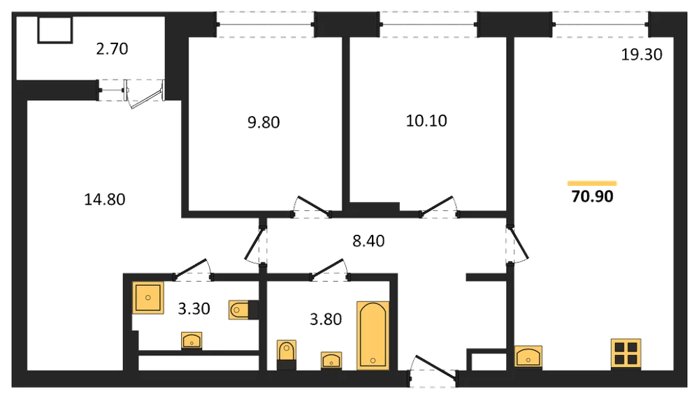 Планировка: 3-комн., 70,9 м²