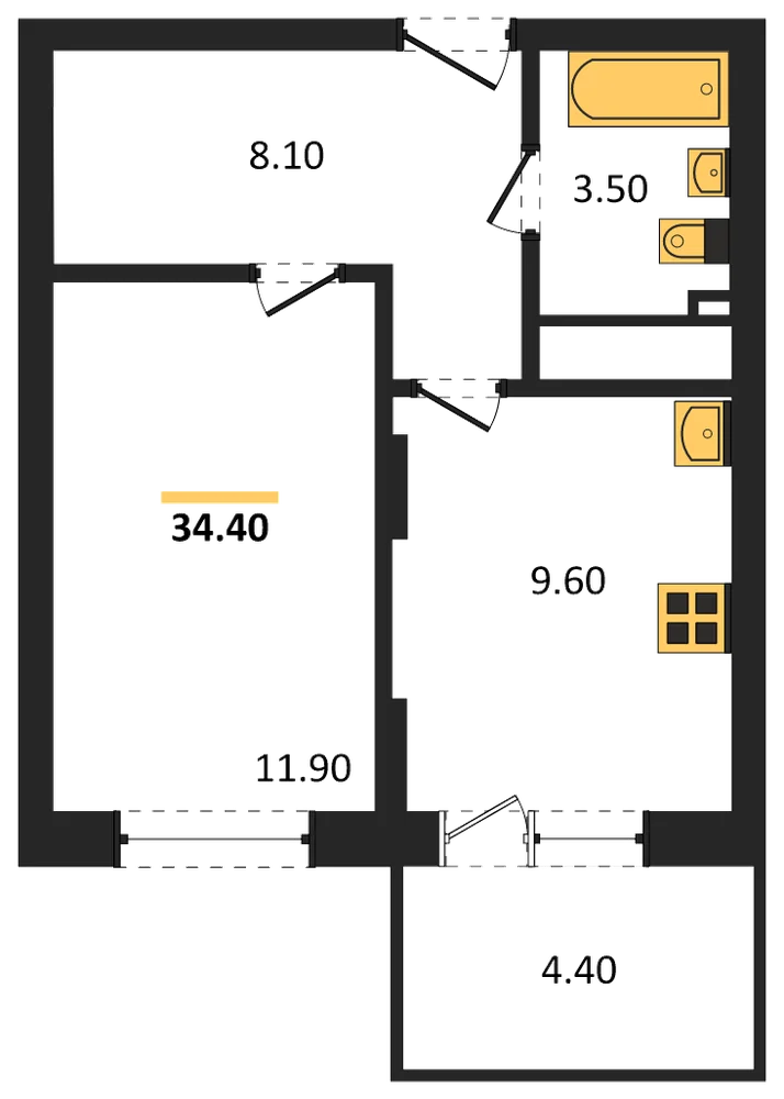 Планировка: 1-комн., 34,4 м²