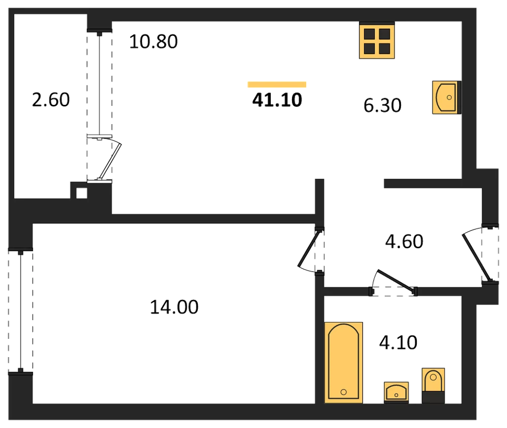 Планировка: 1-комн., 41,1 м²