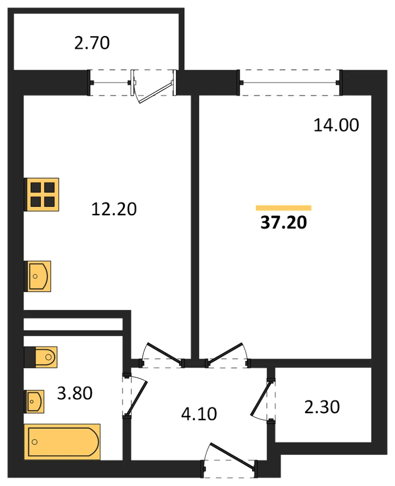 Планировка: 1-комн., 37,2 м²