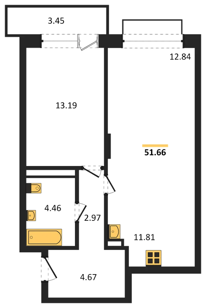 Планировка: 1-комн., 51,7 м²