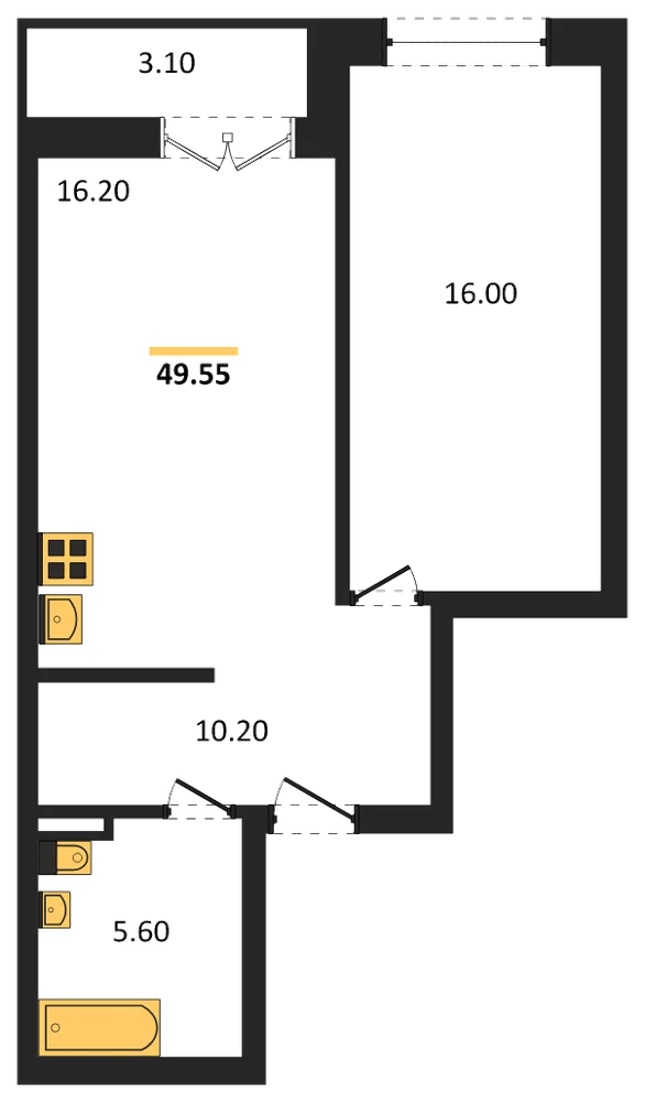 Планировка: 1-комн., 49,6 м²