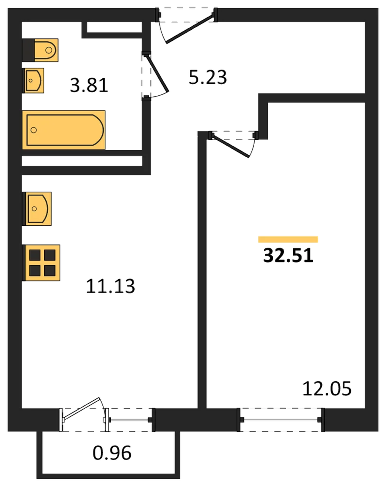 Планировка: 1-комн., 32,5 м²