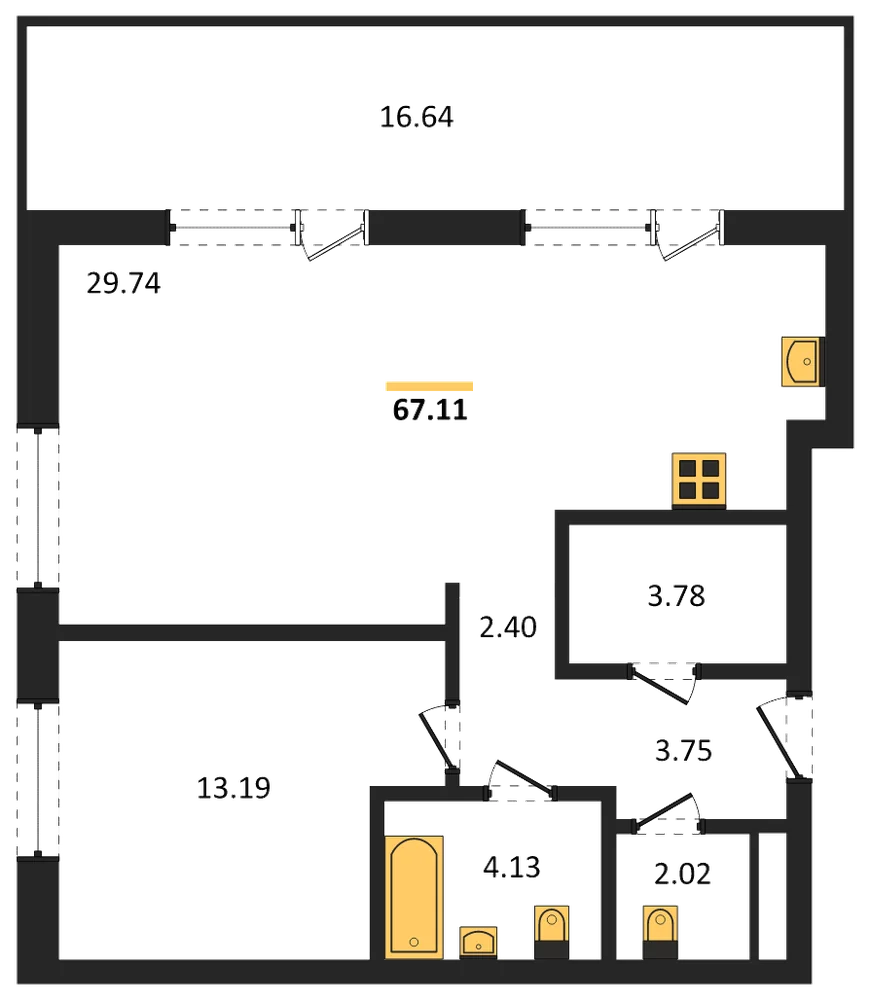 Планировка: 1-комн., 66,7 м²