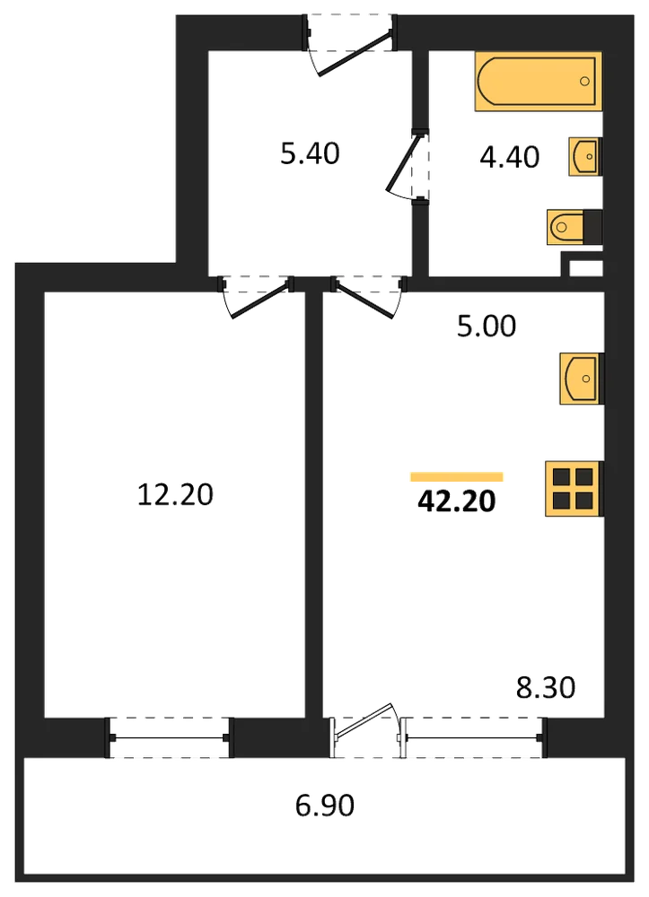 Планировка: 1-комн., 42,2 м²