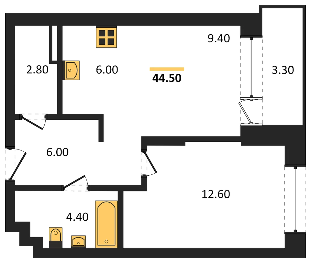 Планировка: 1-комн., 44,5 м²