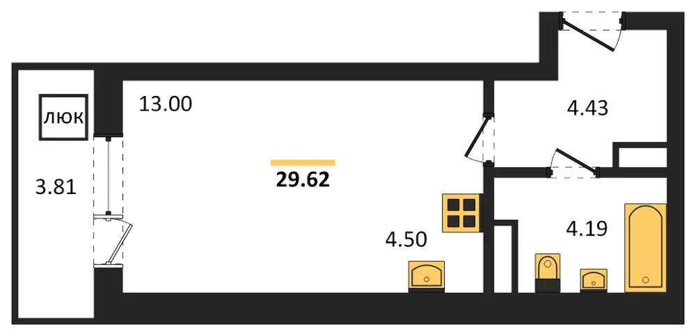Планировка: Студия, 29,6 м²