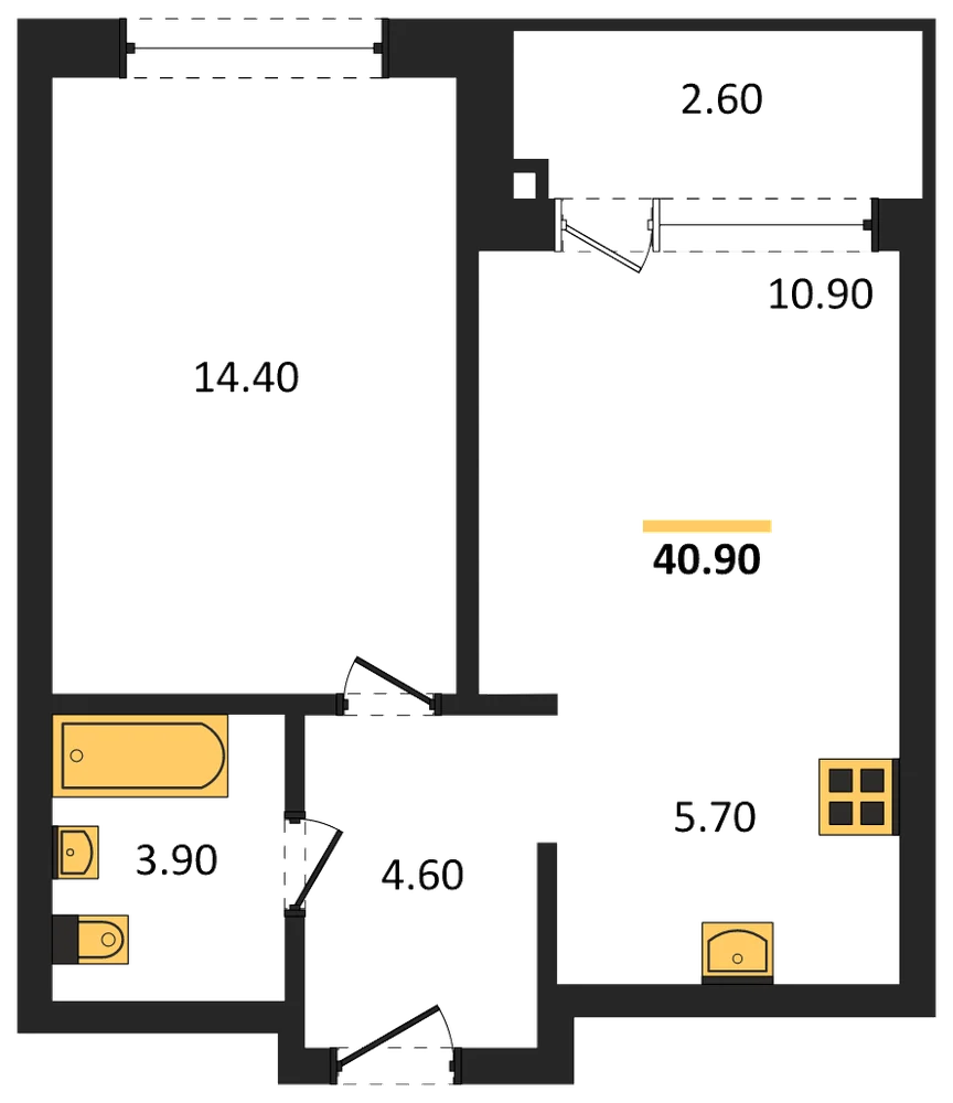 Планировка: 1-комн., 40,9 м²