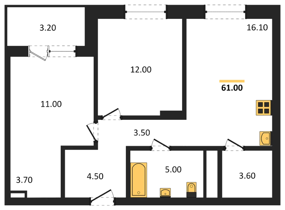 Планировка: 2-комн., 61 м²