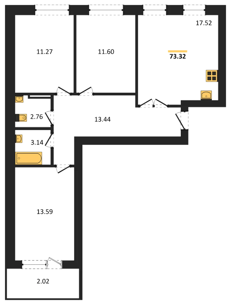 Планировка: 3-комн., 72,9 м²