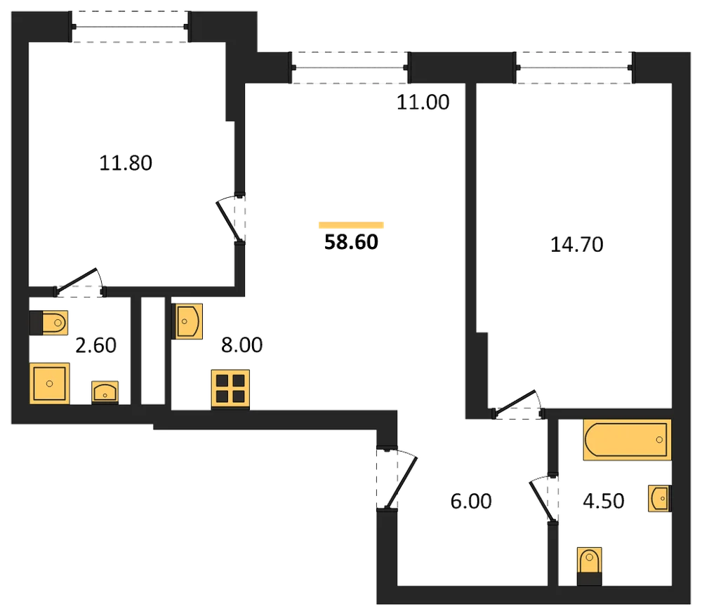 Планировка: 2-комн., 58,6 м²