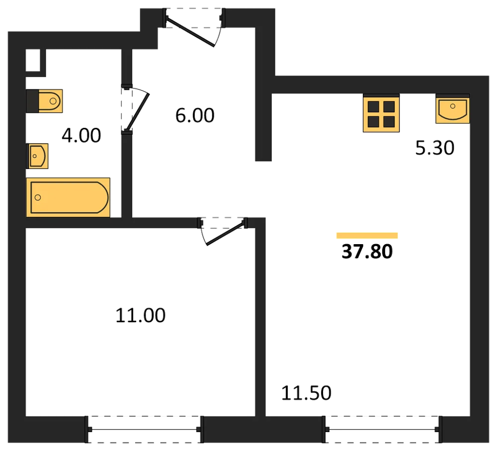 Планировка: 1-комн., 37,8 м²
