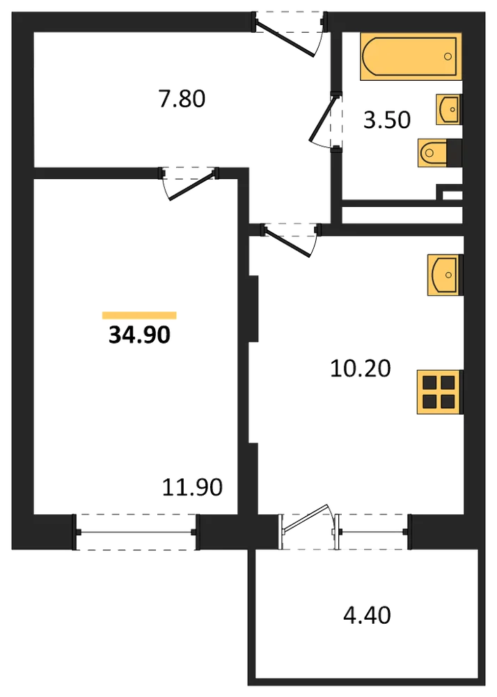 Планировка: 1-комн., 34,7 м²