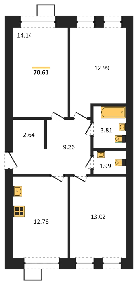 Планировка: 3-комн., 70,6 м²