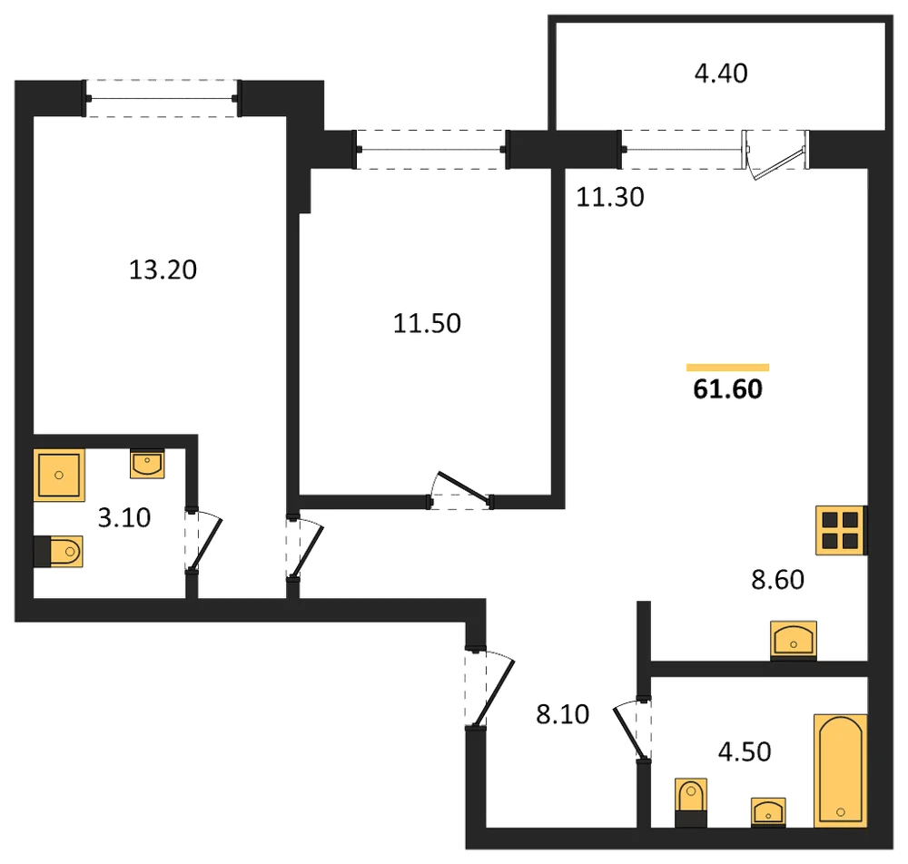 Планировка: 2-комн., 61,6 м²