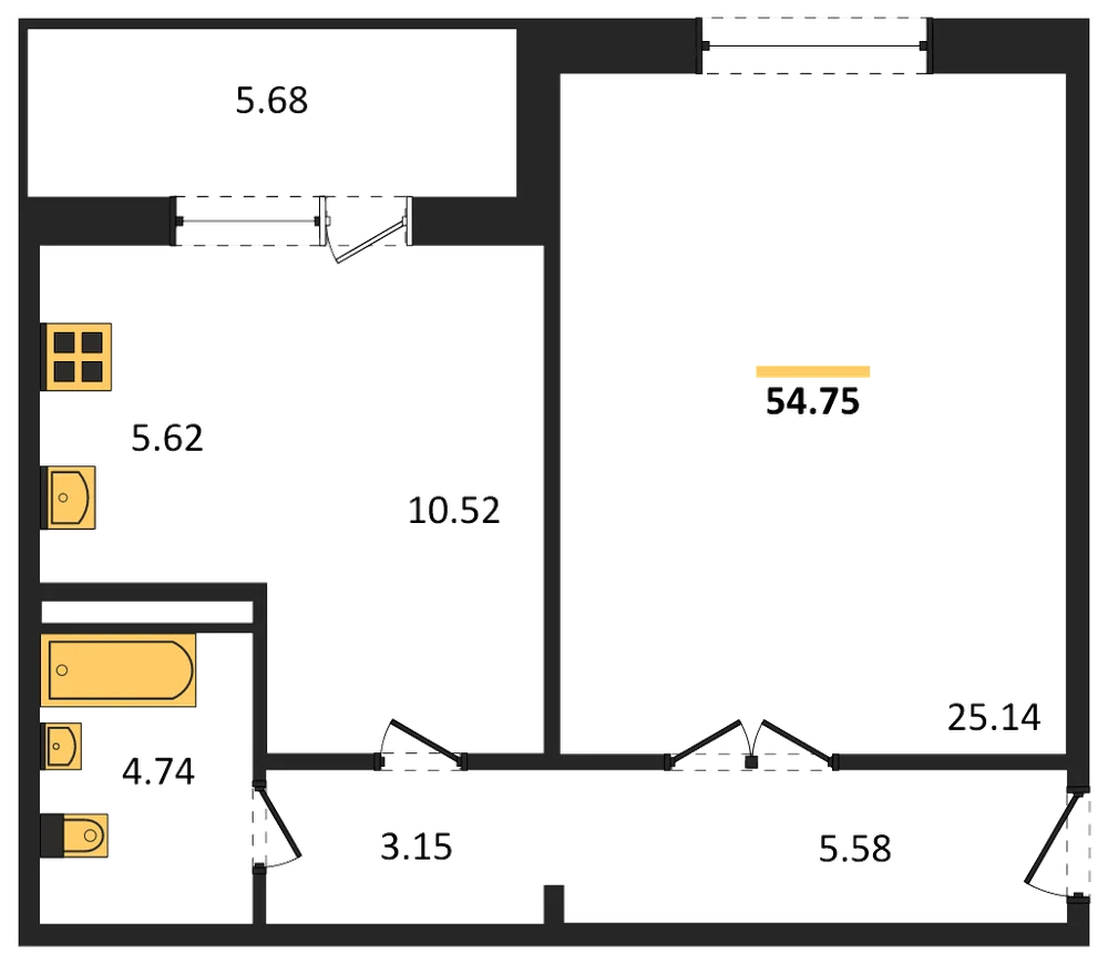 Планировка: 1-комн., 54,8 м²