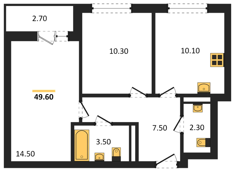Планировка: 2-комн., 49,6 м²