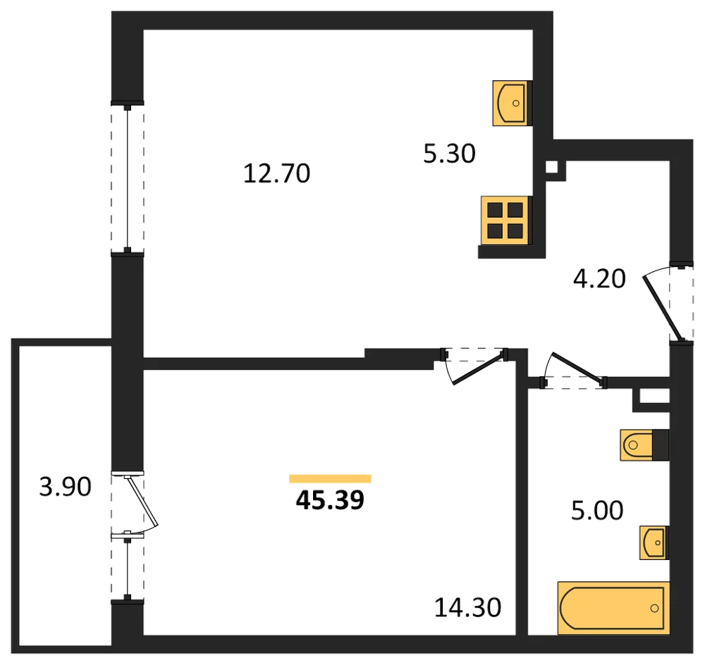 Планировка: 1-комн., 45,4 м²