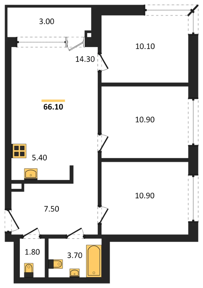 Планировка: 3-комн., 66,1 м²