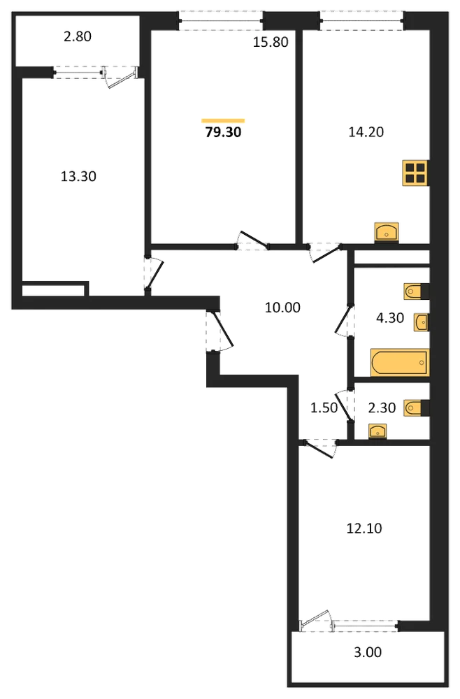 Планировка: 3-комн., 79,3 м²