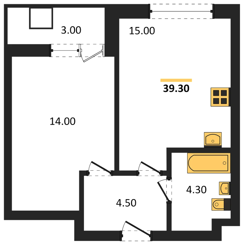 Планировка: 1-комн., 39,3 м²