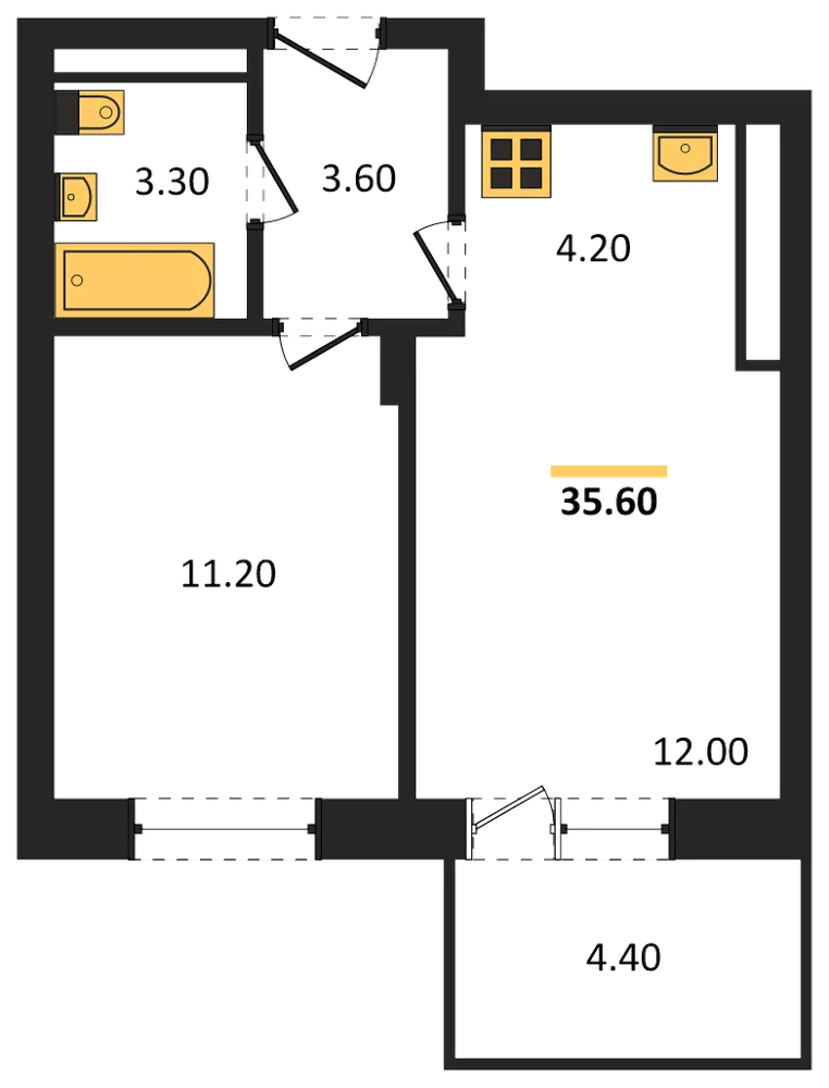 Планировка: 1-комн., 35,6 м²
