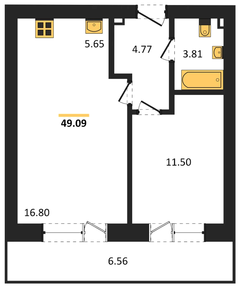 Планировка: 1-комн., 49,1 м²
