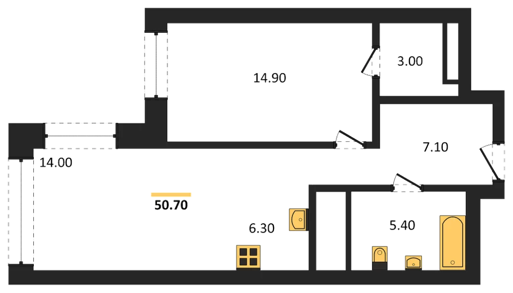 Планировка: 1-комн., 50,7 м²