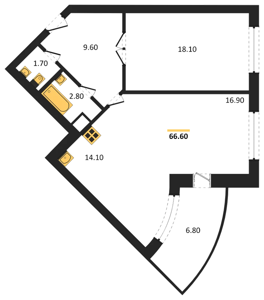 Планировка: 1-комн., 66,6 м²
