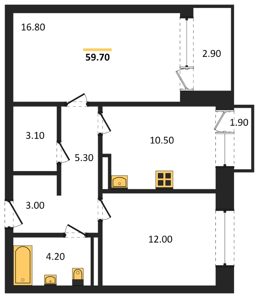 Планировка: 2-комн., 59,7 м²