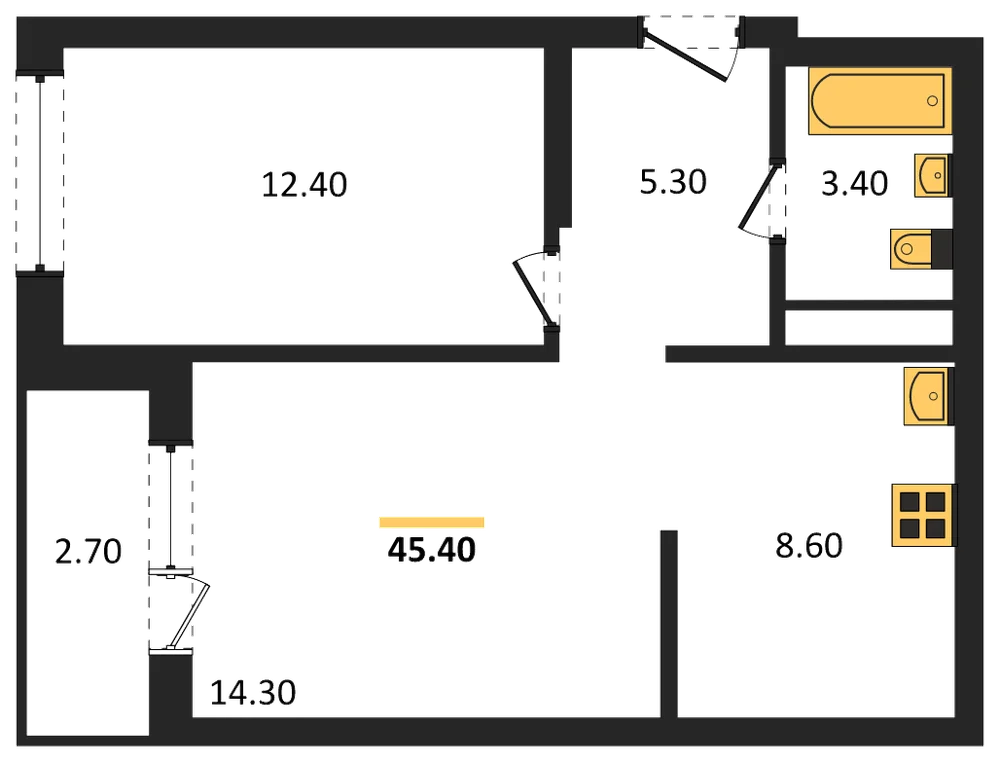 Планировка: 1-комн., 45,4 м²