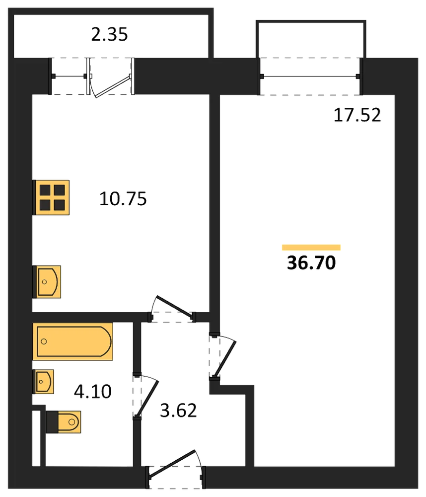 Планировка: 1-комн., 36,7 м²