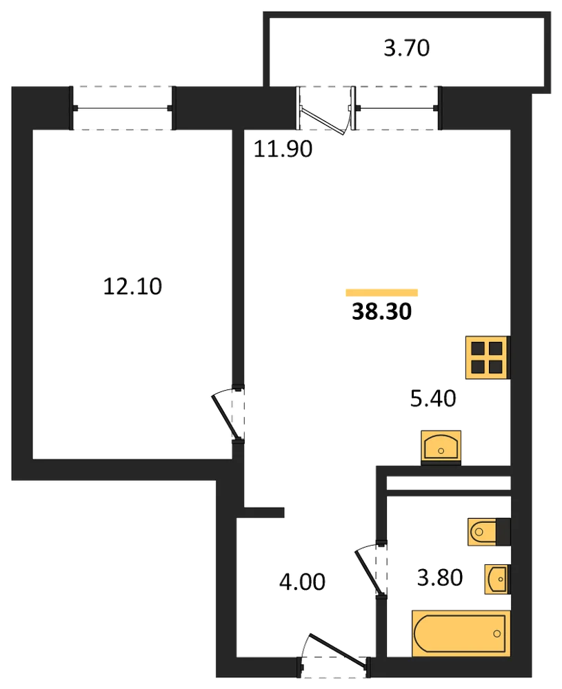 Планировка: 1-комн., 38,3 м²