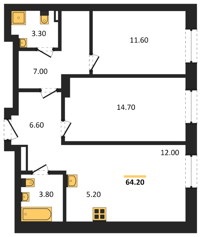 Планировка: 2-комн., 64,3 м²
