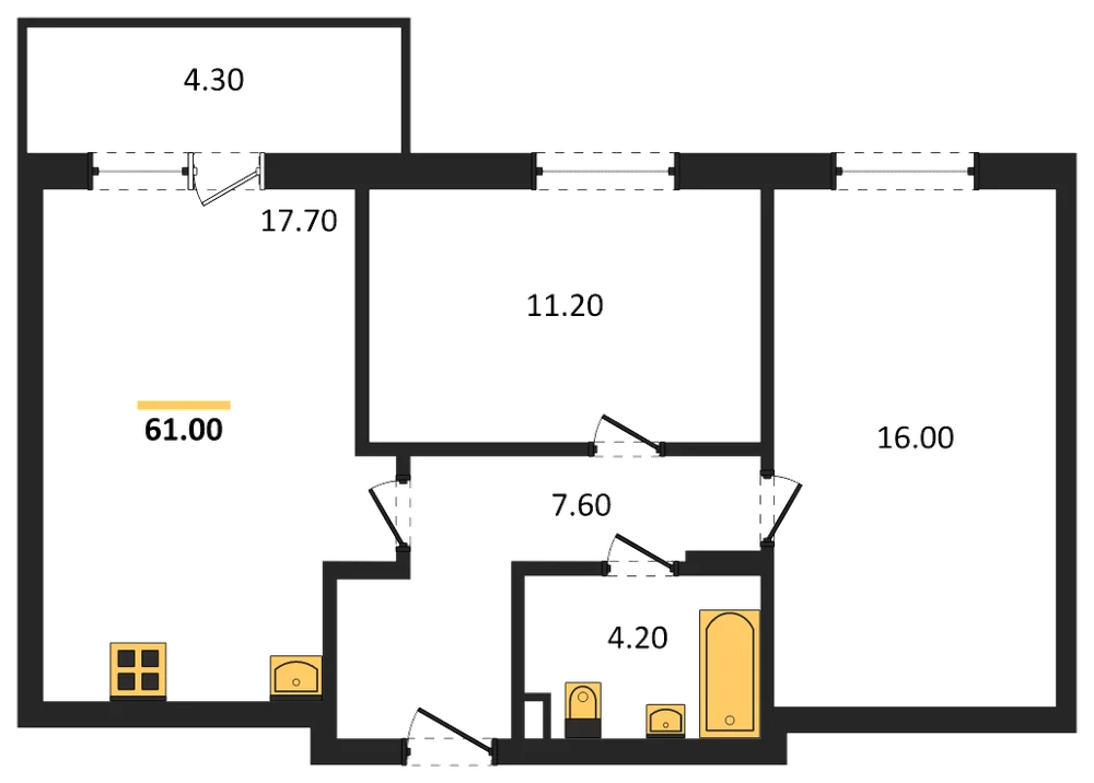 Планировка: 2-комн., 61 м²